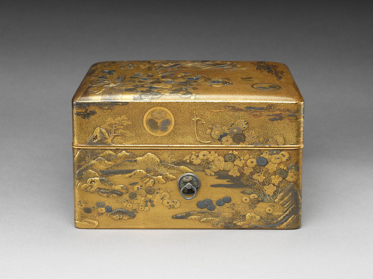 诗歌主题手箱另一侧视图,约1633年,花枝和水纹可见