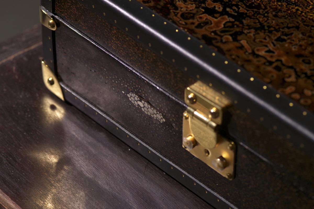 Metal fitting on a lacquered leather trunk